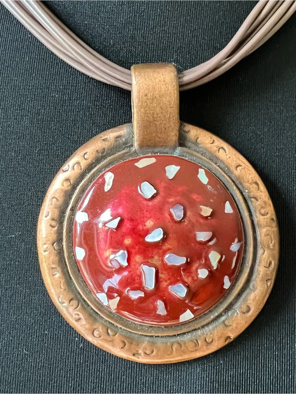Artisan Copper Red Enamel Pendant Faux Leather Cord 19